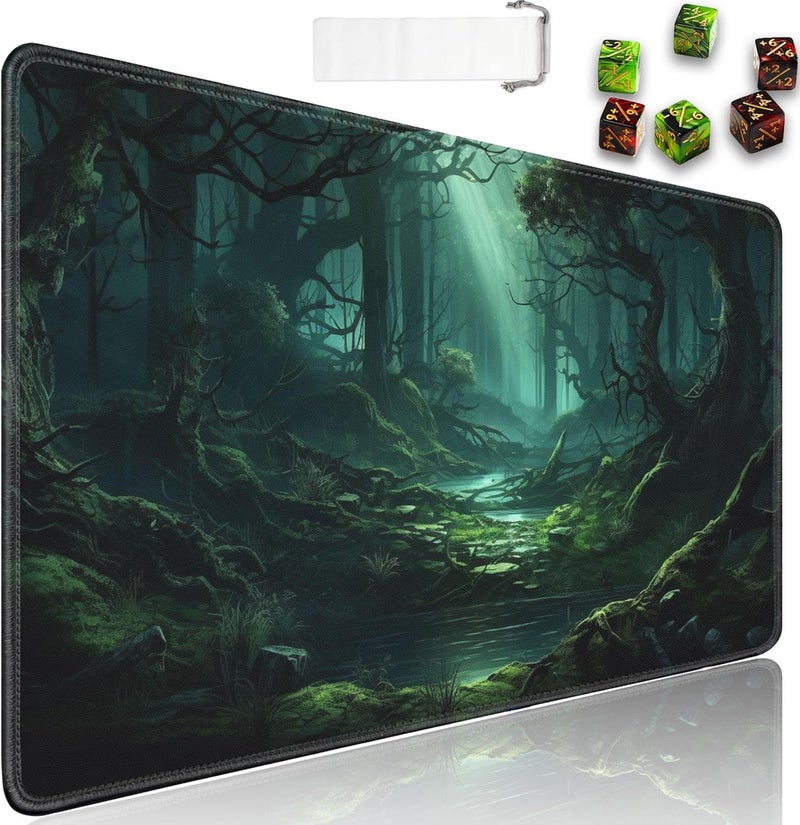 JVGFYNKL MTG Playmat + Drawstring Travel Pouch + 6 Dice Counter, for Tabletop Trading Card Game Playmats or Large Mouse Pad, Anti-Slip Rubber 24 x 14 in, Green Forest TCG Playmat - Image 1